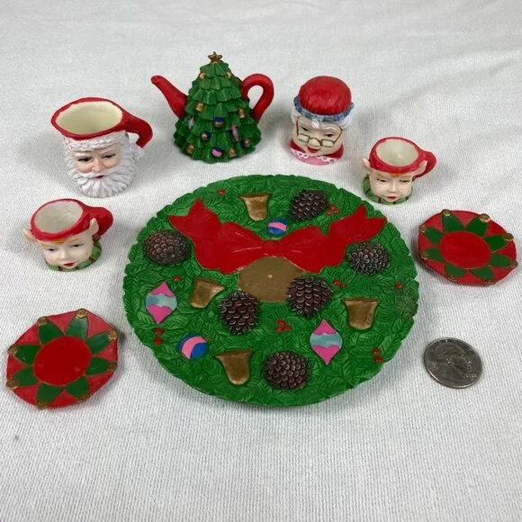 1995 Chadwick Miller Xmas Resin Mini Tea Set w/ Wreath Base, Santa & Elves - Picture 2 of 9